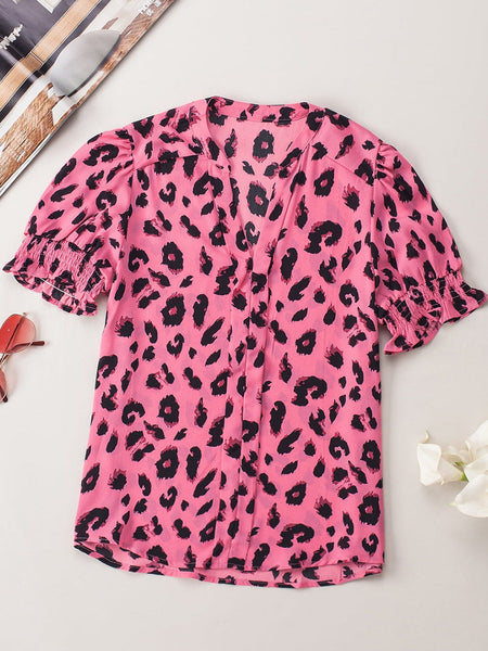 Pink Leopard Notch Neck Bubble Sleeve Top