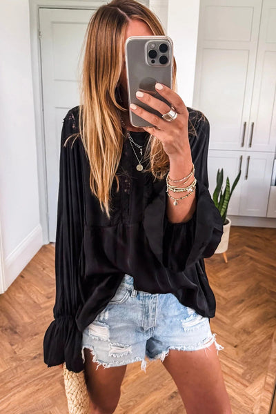 Elegant Black Silky Blouse for Women with Lace Frills and Long Sleeves - Perfect for Stylish Casual or Dressy Occasions