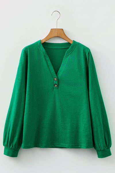 Women's Mist Green Buttoned V-Neck Blouse with Slub Texture