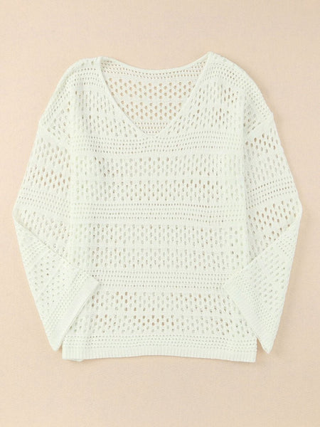 Women's White Crochet V Neck Pullover Sweater with Hollow Out Detail