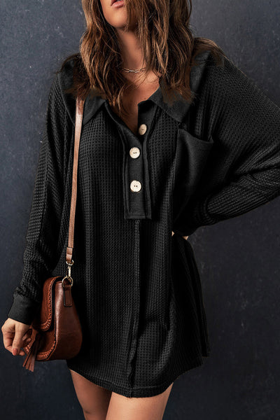 Casual Chic Women's Black Waffle Knit Long Sleeve Button-Up Top for Cozy Everyday Comfort and Effortless Style