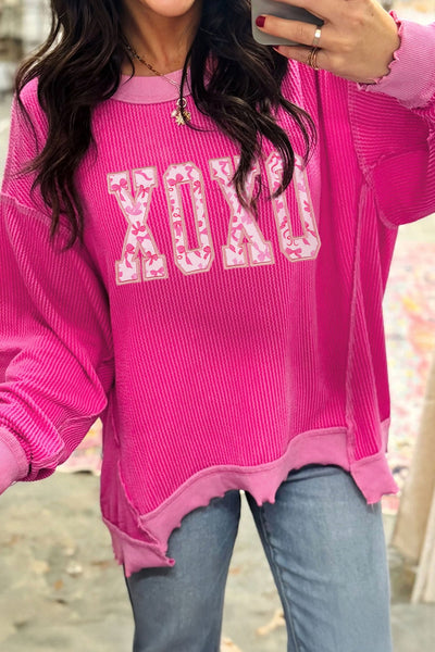 Women's Strawberry Pink XOXO Bow Graphic Ribbed Long Sleeve Tee