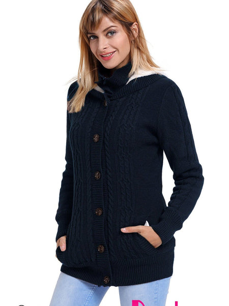 Navy Blue Cable Knit Faux Fur-Lined Hooded Sweater Coat
