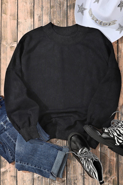 Cozy Women's Black Drop Shoulder Crew Neck Sweatshirt - Effortless Casual Pullover for Ultimate Comfort and Style