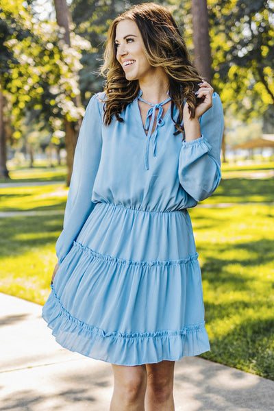 Chic Light Blue V-Neck Long Sleeve Ruffle Mini Dress for Women Ideal for Spring & Summer Events, Effortlessly Stylish