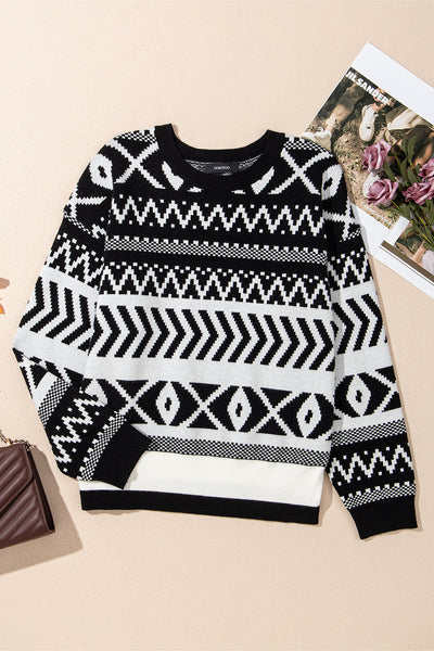 Cozy Women's Black Abstract Print Pullover Sweater for Year-Round Style and Comfort