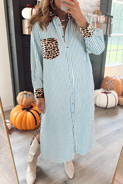 Women's Sky Blue Striped Leopard Patchwork Midi Shirt Dress