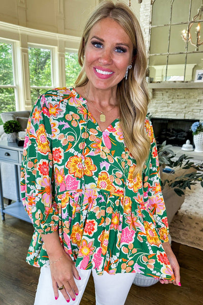 Women's Green Floral Puff Sleeve V-Neck Peplum Blouse - Chic & Flattering Top for Casual or Dressy Events