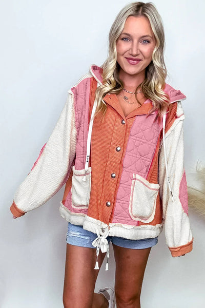 women's coral quilted hooded jacket - textured patchwork design, loose fit, easy and wearable outerwear made for easy styling and wardrobe with