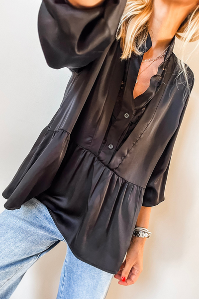 Women's Black Satin Peplum Blouse with Lace Insert Neckline and 3/4 Sleeves Elegant Casual Top for Any Occasion
