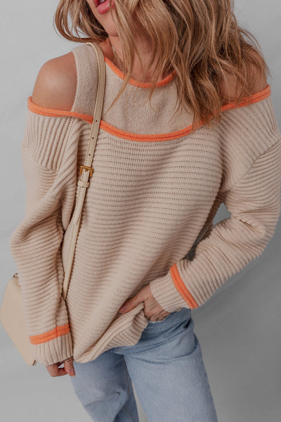 Cozy Women's Parchment Cold Shoulder Sweater with Contrast Trim & Patchwork Design - Relaxed Fit Knit Top
