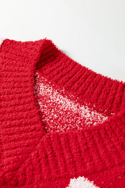 Women's Red Heart and Floral V-Neck Checkerboard Knit Sweater