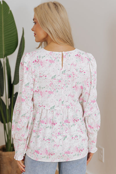 Women's Pink Floral Babydoll Blouse with Balloon Sleeves & Keyhole Back - Stylish, Comfortable Top for Everyday Wear