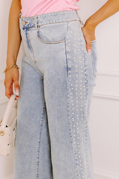 Trendy Women's Beau Blue Mid Rise Wide Leg Jeans with Pearl Accents and Split Design for a Chic Look
