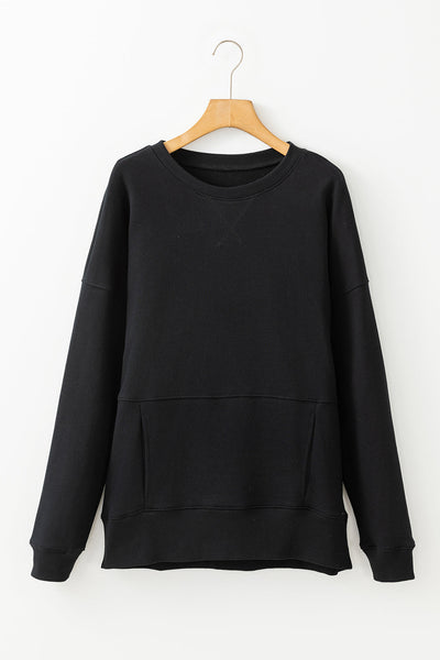 Women's Black Crisscross Stitch Sweatshirt with Pockets - Relaxed Fit for Cozy Casual Style