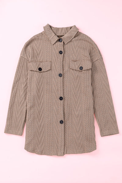 Oversized Khaki Textured Knit Shacket with Button Front