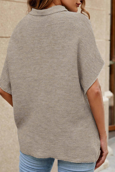Women's Apricot Batwing Sweater - Cozy Short Sleeve High Neck Knit Top for Effortless Chic and All-Day Comfort