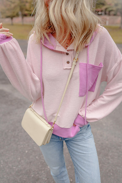 Casual Light Pink Colorblock Hooded Sweatshirt for Women with Drawstring and Patch Pockets Trendy Everyday Wear