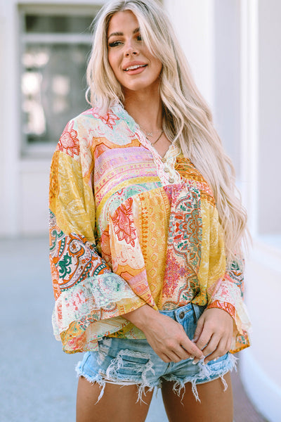 Vintage Map Print V-Neck Long Sleeve Blouse with Casual Flair