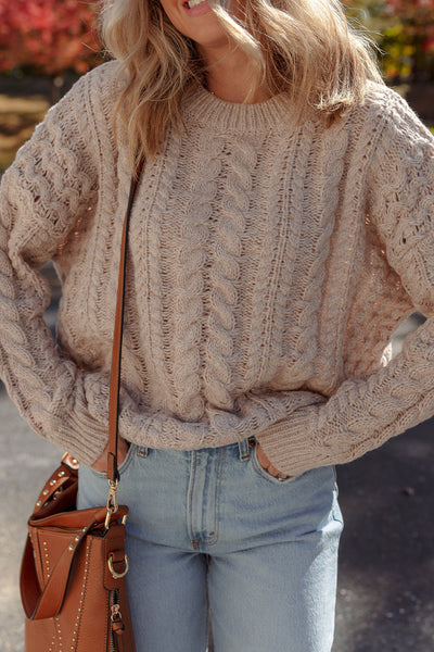 Cozy Women's Parchment Cable Knit Sweater with Drop Shoulders - Effortless Casual Chic for Everyday Style