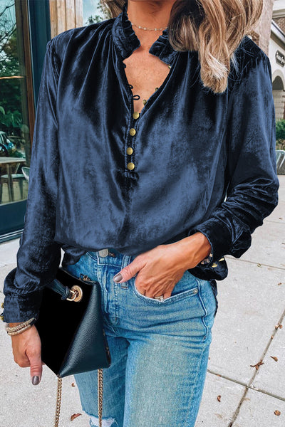 Chic Navy Blue Velvet Women's Top with Frilled Neck and Button Detail - Ideal for Casual and Dressy Events