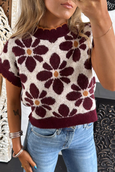 Women's Trendy Red Floral Knit Sweater with Short Sleeves - Comfortable, Stylish Spring/Summer Essential