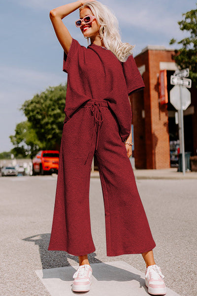 Women's Red Dahlia Textured Lounge Set: Loose Fit T-Shirt & Cozy Drawstring Pants for Casual Comfort
