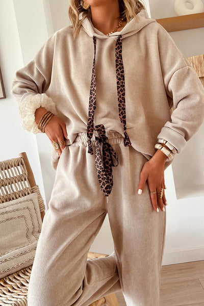 Women's Parchment Lace & Leopard Print Hoodie with Drawstring and High Waist Corduroy Pants Set for Stylish Comfort