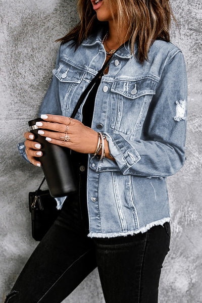 Trendy Women's Sky Blue Distressed Denim Jacket with Lapel and Raw Hem for Effortless Casual Style