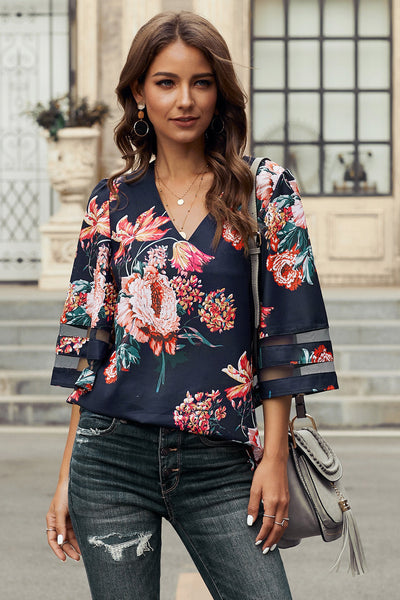 Long Sleeve Flower Print Lapel Shirt