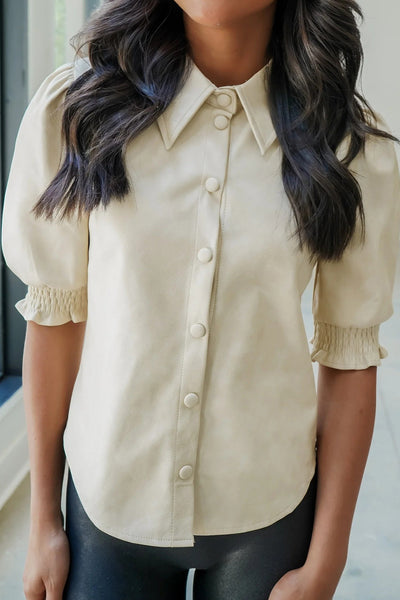 Beige Faux Suede Short Sleeve Button-Down Shirt for Women - Stylish Frilled Casual Top for Effortless Everyday Wear