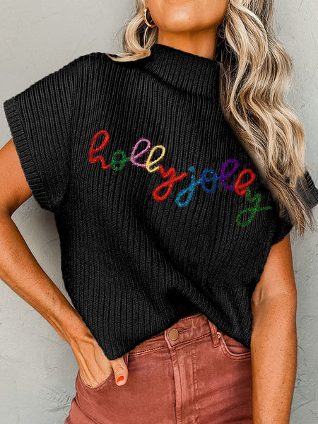 Women's Festive Holly Jolly Black High Neck Short Sleeve Christmas Sweater