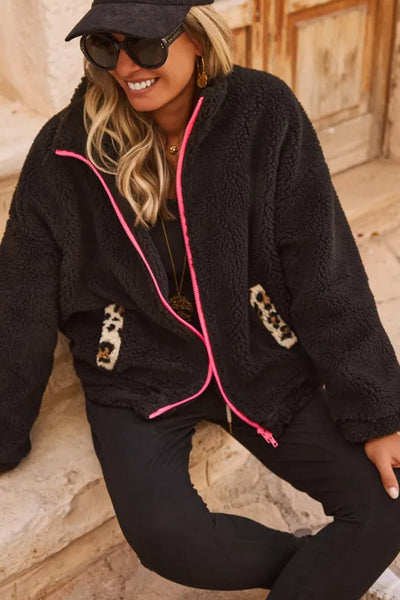 Cozy Women's Black Fuzzy Sherpa Jacket with Contrast Trim, Full Zip Closure, and Practical Pockets for Effortless Style
