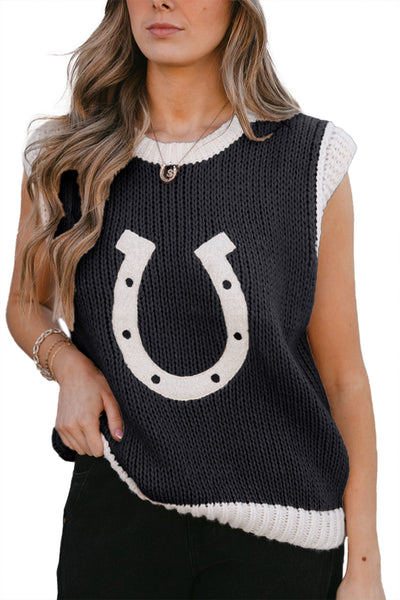 Women's Stylish Navy Blue Woven Sweater Vest with Horseshoe Trim - Comfortable Layering Essential for Every Wardrobe