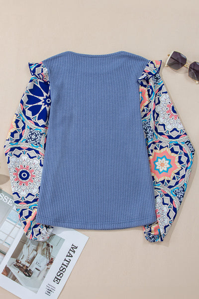 Women's Casual Chic Blue Floral Ruffled Sleeve Blouse - Stylish Patchwork Waffle Knit Top for Effortless Elegance