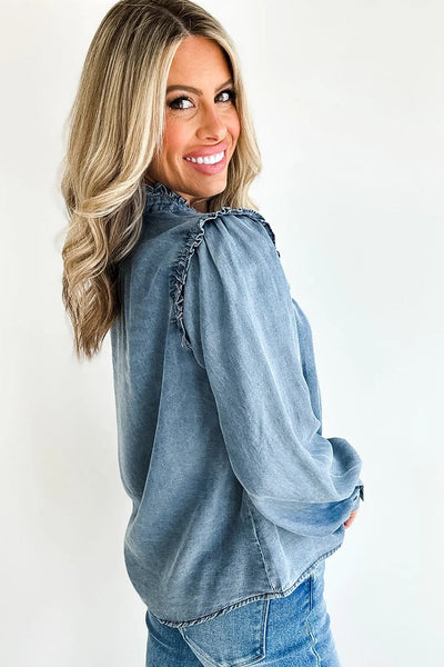 Dusk Blue Women's Chambray Shirt with Frilled Details & Button-Down Design - Stylish, Comfortable Fit for Everyday Wear