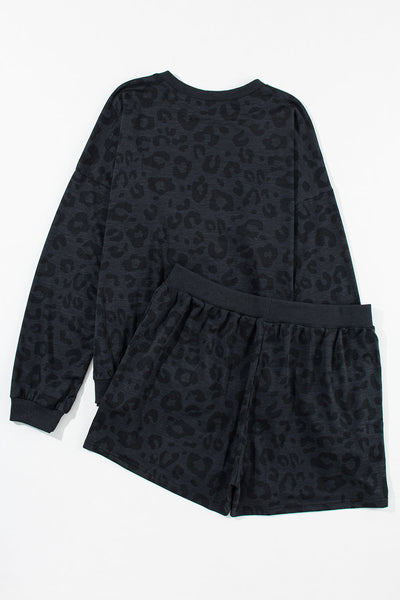 Leopard Print Satin Bow Lounge Set with Long Sleeve Top and Tie Shorts