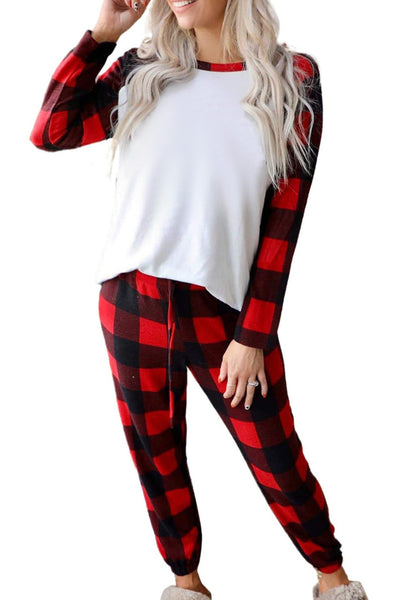 Cozy Red Plaid Lounge Set with Raglan Sleeves and Drawstring Pants