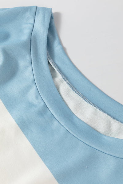 Women‚Äôs Casual Light Blue Colorblock Striped Long Sleeve Drop Shoulder Top - Effortless Chic for Everyday Style