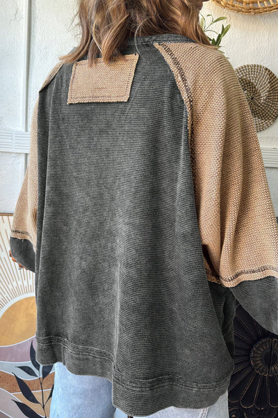 trendy women's dark grey color block sweatshirt with exposed seams - loose fit, casual mineral wash style made for easy styling and wardrobe with