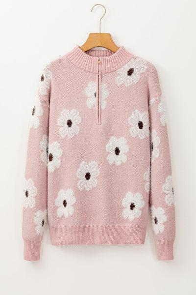 Cozy Women's Pink Floral Half Zip Sweater with Drop Shoulder - Trendy Casual Style for Spring and Summer Wear