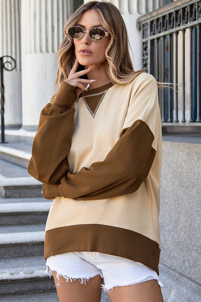 Women's Apricot Color Block Sweatshirt with Thumbhole Sleeves & Drop Shoulder for Stylish Casual Comfort