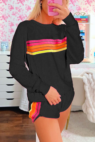 Women's Black Striped Pullover & Shorts Set - Chic Casual Two-Piece Outfit for Stylish Comfort and Everyday Wear