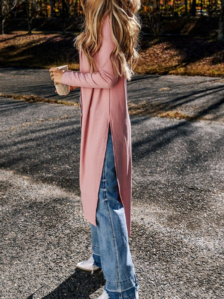 Pink Ribbed Button-Up Duster Cardigan with Side Splits