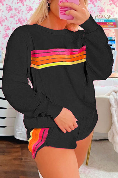 Women's Black Striped Pullover & Shorts Set - Chic Casual Two-Piece Outfit for Stylish Comfort and Everyday Wear