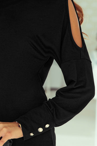 Stylish Women's Black Asymmetrical Long Sleeve Top with Cut-Outs and Button Detail - Trendy Fit for Every Occasion