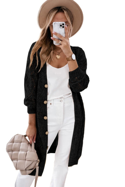 Chic Women's Black Hollow-Out Knit Cardigan for Stylish Layering - Lightweight, Openwork Design, Perfect for All Seasons