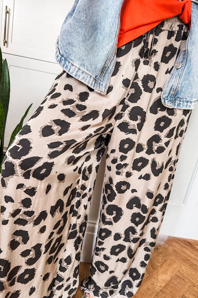 Women's Relaxed Fit Orange Silky Animal Print Wide Leg Trousers with Drawstring for Effortless Chic Style