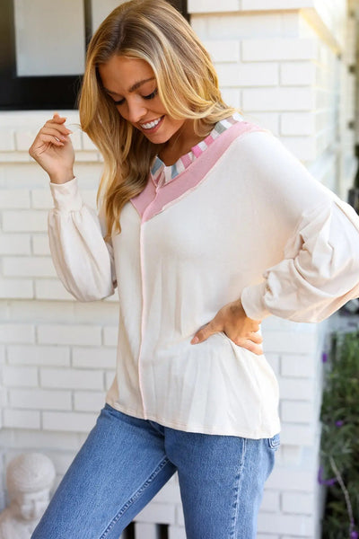 Chic Women's White Long Sleeve V-Neck Blouse with Rainbow Stripe Color Block and Trendy Loose Fit