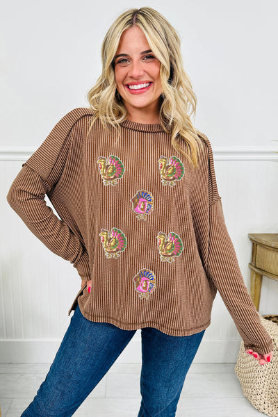 Women's Sequin Turkey Patch Ribbed Top in Dark Khaki
